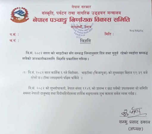 भाइटीकाको उत्तम साइत कात्तिक ६ गते बिहान ११ः३९ बजे